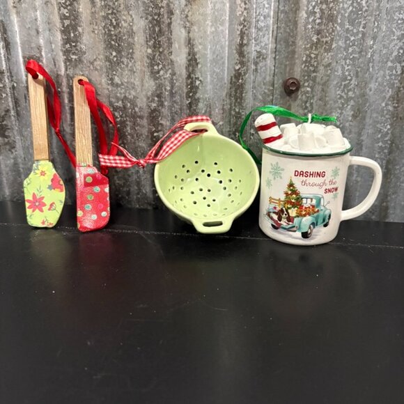 Christmas Kitchen Ornaments Spatulas Mini Colander Mug Hot Cocoa Tree Truck - Picture 2 of 15